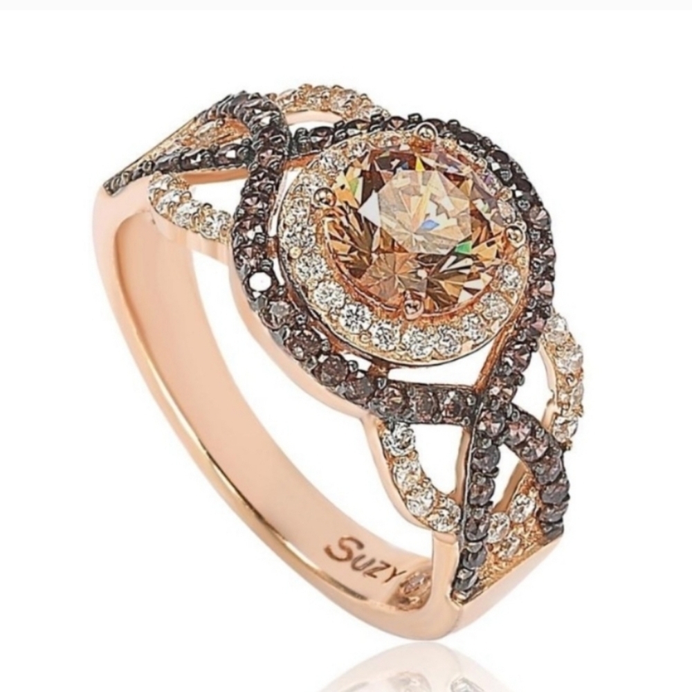 Suzy Levian Rose Sterling Silver Brown Cubic Zirconia Crossover Bridal Ring Sz 7